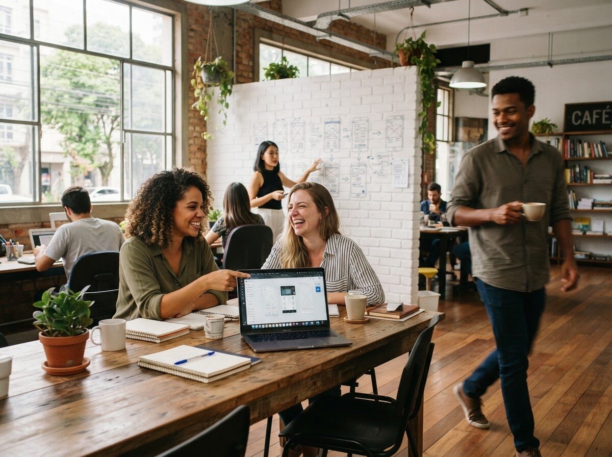 Equipe trabalhando em um coworking com paredes de tijolo e janelas grandes: duas pessoas riem diante de um notebook com telas de aplicativo, uma colega aponta para esboços de telas na parede e um rapaz passa com uma xícara de café
