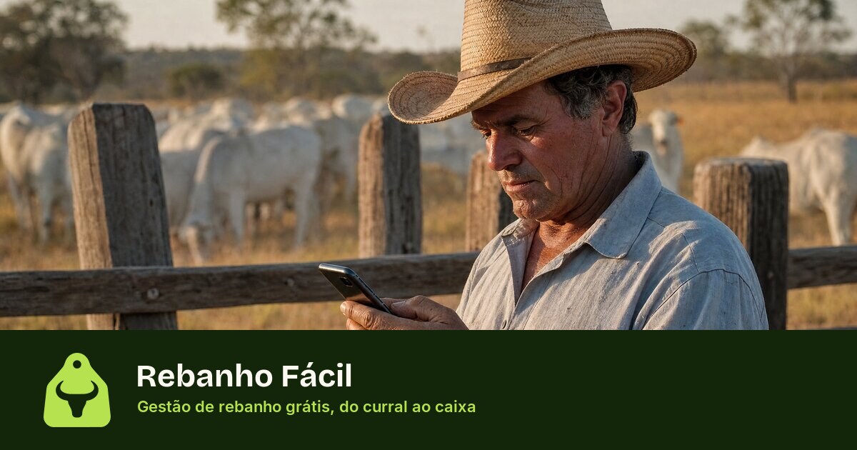 Arte do Rebanho Fácil: produtor rural com o celular ao lado do gado e o lema “Gestão de rebanho grátis, do curral ao caixa”