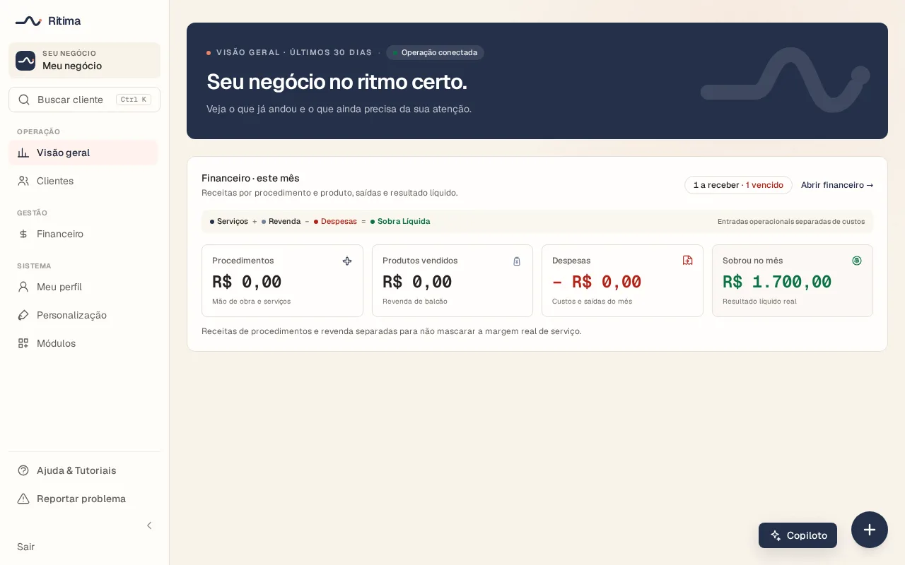 Tela do painel do Rítima, sistema web feito pela Zero Um Labs
