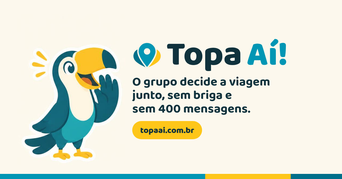 Arte do Topa Aí com o tucano mascote: “O grupo decide a viagem junto, sem briga e sem 400 mensagens.”